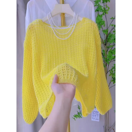Spring and Summer Thin Hollow Long Sleeve Knitted Sweater for Women, Loose Breathable Vintage Design Top