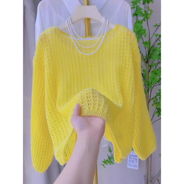 Frühling und Sommer dünner, hohler Langarm-Strickpullover für Damen, locker sitzendes, atmungsaktives Top im Vintage-Design
