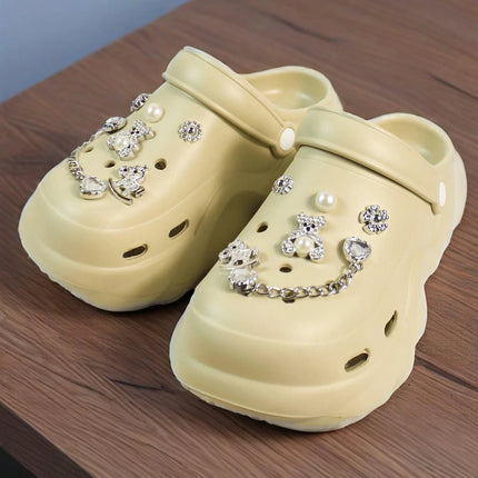 Women DIY Silver Butterfly-Knot Fashion Bow Decor Clogs Summer Sping Autumn Beach Sandals Cave Hole Garden Shoes Students Girls