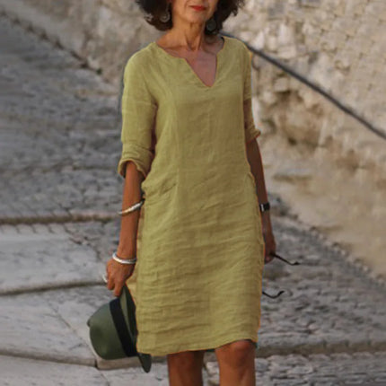 Women's Dress Solid Color Round Neck Cotton Linen V-neck Splicing Retro Three-quarter Sleeve Summer Women's Linen Cotton Dress