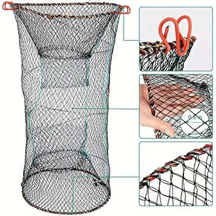 Fish trap with three close-up detail callouts and measurements