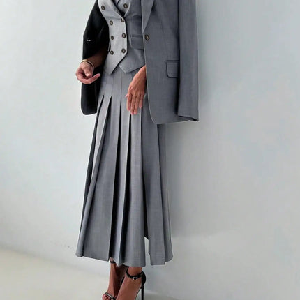 3pcs Women Elegant Work Casual Business Suit Set: Fitted Vest for Spring/Summer, Pleated Midi Skirt, Suitable for Office Lady