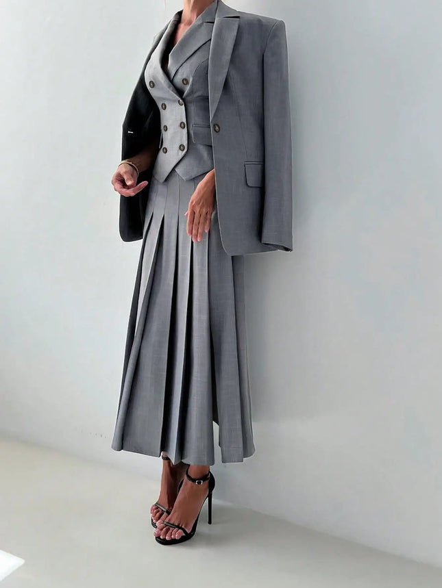 3pcs Women Elegant Work Casual Business Suit Set: Fitted Vest for Spring/Summer, Pleated Midi Skirt - product image 2