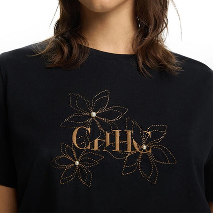CH Crew Neck T Shirt Floral Embroidery Pearl Decor Short Sleeve Casual Daily Wear Basic Tops