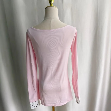 Kimotimo Korean Y2k Fake Two Spliced Polka Dot Print T-shirt Women 2026 Spring Summer Long Sleeve Slim Top Sweet Casual Tees INS