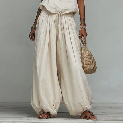 Women Sleeveless Lace V Neck Set Camisole Drawstring Waist Baggy Pants Suit Breathable Vacation Bohemian Casual Two Piece Outfit