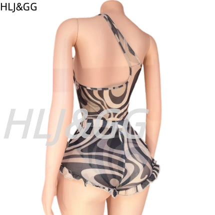 HLJ&GG Fashion Zebra Print Mesh See Though Bodysuits Two Piece Sets Women Sleeveless Slim Top + Ruffle Shorts Outfits Streetwear