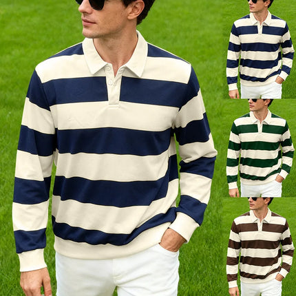 Men's striped rugby polo long-sleeved collar shirt casual school outdoor sports casual 3d printing spring, autumn and winter