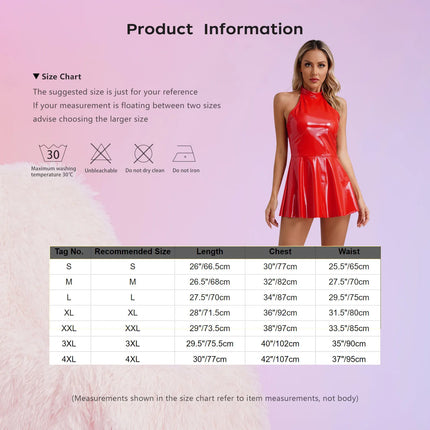 Womens Glossy Patent Leather Latex Dress Halter Skater A-Line Bodycon Mini Dress Swing Skirt Rave Disco Pole Dance Costume