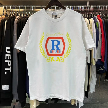 Black Vintage RHUDE Racing Laurel Wreath T-shirt R Logo Grand Prix Crew Neck Cotton RHUDE Casual Streetwear Short Sleeve Top Tee