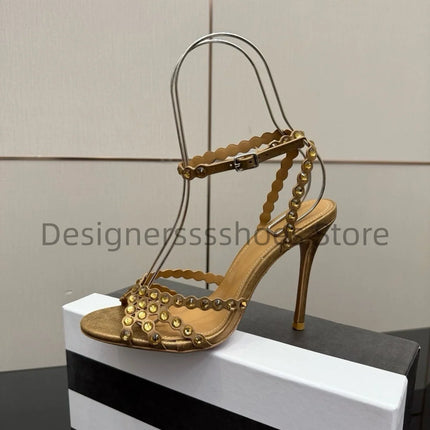 Round Toe Rhinestone High Heel Sandals 10.5CM Luxury Crystal Women Party Dress Sandals Sheepskin Lining Italian Genuine Leather