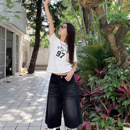 High Waist Black Retro Washed Denim Shorts Women's Harajuku Vintage Fashion Casual Loose Y2K Streetwear Mid Long  Wide Leg Pants