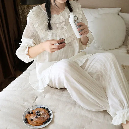 Cute Women Princess Ruffle Pajama Sets Tops+Pants.Vintage Lady White Jacquard Cloth Pyjamas Set Victorian Girl's Home Sleepwear