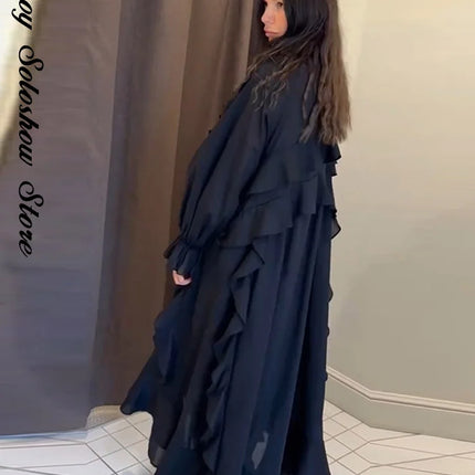 Elegant Ruffle Women's Dress Summer Solid V Neck Full Sleeve Loose Long Casual Dresses New Street Beach Vacation Robe 2026