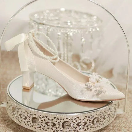 French-style Wedding Shoes, Bridal Shoes, Main Wedding Dress Shoes, Thick-heeled High Heels, White, Comfortable and Not Tiring
