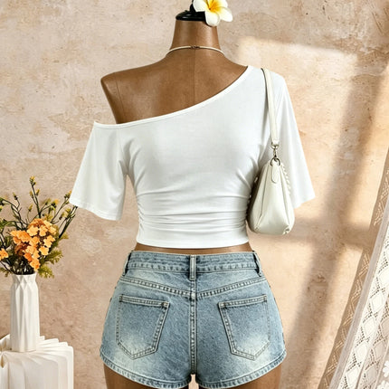 Women One Shoulder Short Sleeve Side Ruched Cropped T Shirt 2026 Summer Y2K Going Out Casual Streetwear Tops