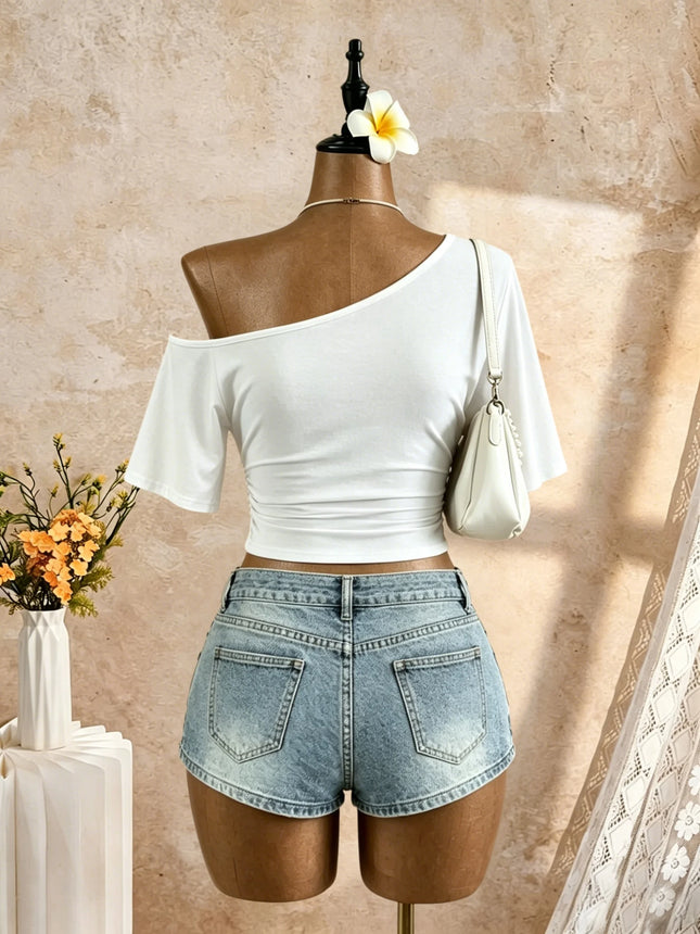 Damen One-Shoulder Kurzarm Seitlich Gerafftes Cropped T-Shirt Sommer 2026 Y2K Going Out Lässige Streetwear Oberteile