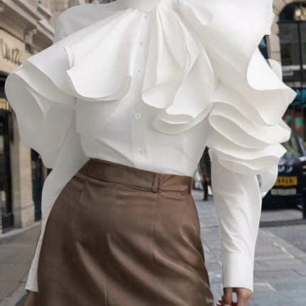 ZANZEA Vintage Solid Office Blouse Women Ruffled Stitching Street Shirts Spring 3D Long Sleeve Tops Casual Loose Buttons Tunics