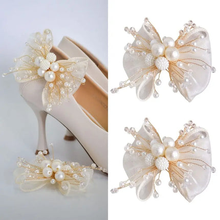 2PC Double Layered Bow Pearl Shoe Clip French style Removable Shoe Charms Buckle Elegant Bride Shoes Decoration High Heel