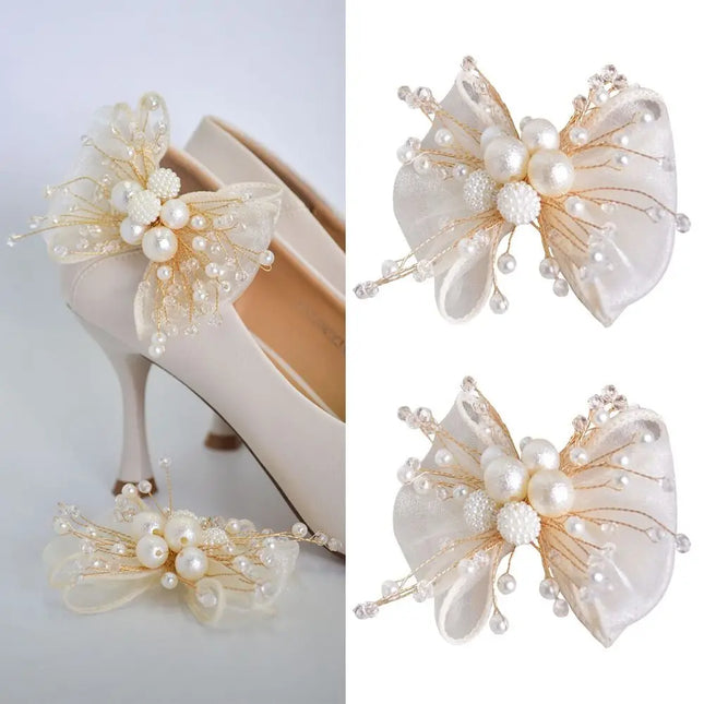 2PC Double Layered Bow Pearl Shoe Clip French style Removable Shoe Charms Buckle Elegant Bride Shoes Decoration High Heel