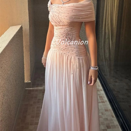 Customized Modern Style Intricate Tulle Pearl Rhinestone Ruched Straight Off-the-shoulder Long Dresses Bespoke Occasion Dresses