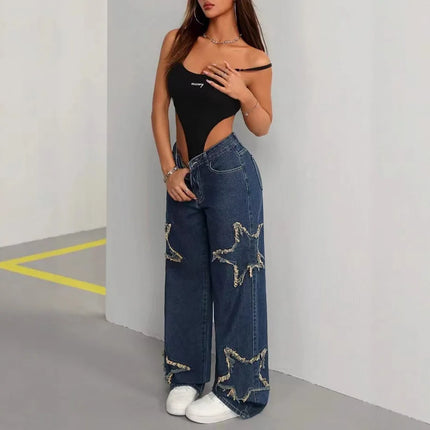 Women's Loose Fit Jeans with Pockets Mid Rise Star Patch Wide Leg Denim Pants Casual Y2K Grunge High Waist Ladies Trousers