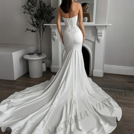 VIKTORIA Charming Mermaid Wedding Dresses for Women Bride Satin Lace Strapless Pleat Robe De Mariée Personalized Customized