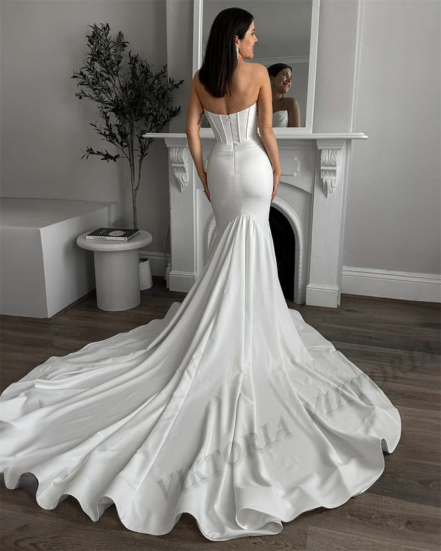 VIKTORIA Charmante Meerjungfrauen-Brautkleider für Damen Braut Satin Spitze Trägerlos Falten Robe De Mariée Personalisiert Maßgeschneidert