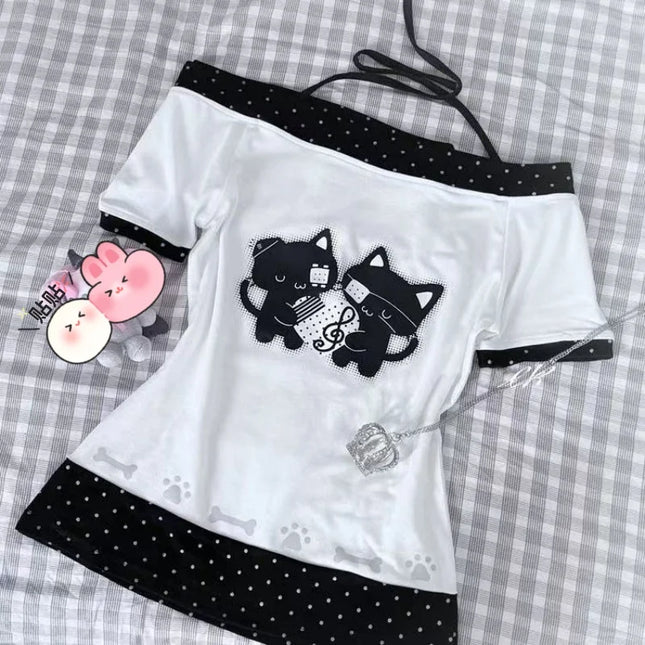 Japanisches Süßes Kawaii Cartoon Tupfen T-Shirt Frauen Locker Lässiger Kontrastfarbener Süßer Grafikdruck Tees Y2k Ästhetik Tops Neu
