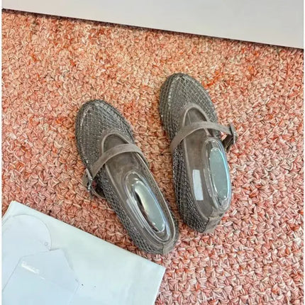 Hollow Mesh Rhinestone Ballet Shoes For Women, Flat Bottomed Mary Jane Single Shoes, Straight Strap Fishing Net Shoes