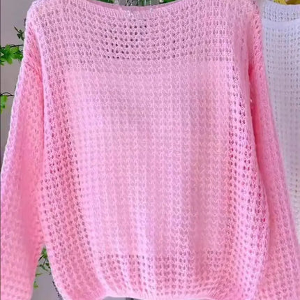 Spring and Summer Thin Hollow Long Sleeve Knitted Sweater for Women, Loose Breathable Vintage Design Top