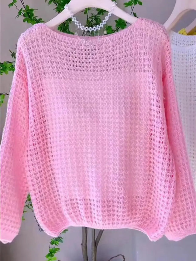 Frühling und Sommer dünner, hohler Langarm-Strickpullover für Damen, locker sitzendes, atmungsaktives Top im Vintage-Design