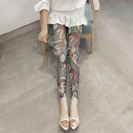 Summer Thin Mesh Fashion Printing Women Leggings Cool Breathable Stretch Lolita Hottie Sexy Slimming Gauze Cropped Pants