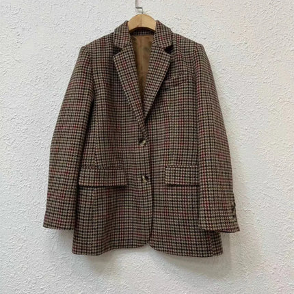 Women's Brown Houndstooth Blazer Retro Oversized Mid-Length Button Down Jacket Streetwear