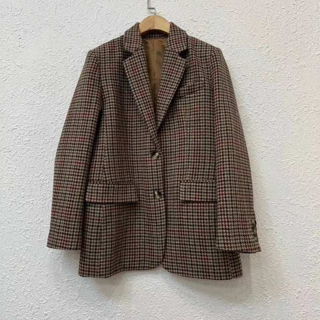 Damen brauner Hahnentritt-Blazer Retro Oversized Mittellanger Button-Down-Jacke Streetwear