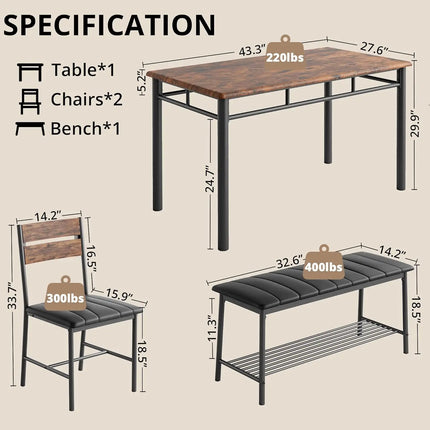 IRONCK Dining Table Set for 4, Kitchen Table with Upholstered Bench and 2 Chairs, Kitchen Table and Chairs Set for Small Space