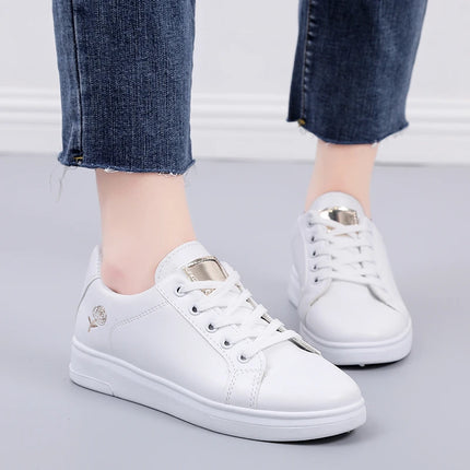 Women Leather Pu Casual Shoes New 2025 Woman Shoes Fashion Embroidered White Sneakers Breathable Flower Lace-Up Women Sneakers
