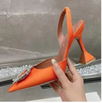 2026  European and American Women's Satin High Heels Pointed Sun Buckle Decorative Fashion Shoes
