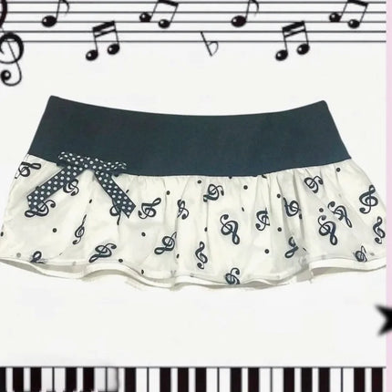 Y2K Music Note Print Mini Skirt, Black White Ruffle Micro Skirt with Polka Dot Bow,Kawaii Aesthetic Low Waist Skirt for Women