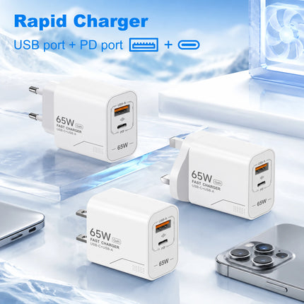 65W GaN USB-C Charger 2-Port Fast Charging Phone Charger Power Adapter For iPhone Samsung Xiaomi USB-C EU/US Plug - product i