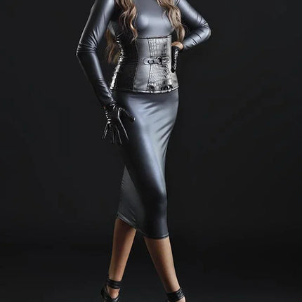 Women's Black Faux Leather Bodycon Dress - High Neck Long Sleeve Lace-up Corset Back Split Midi Slim Fit Retro Nightclub Costume