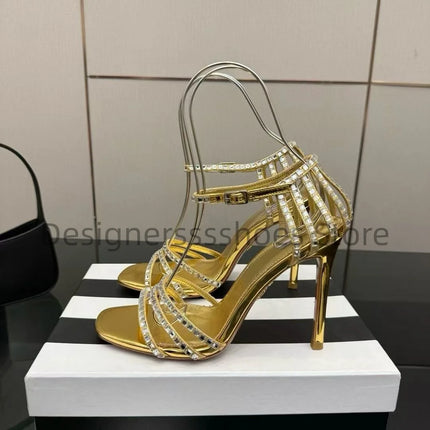 Round Toe Rhinestone High Heel Sandals 10.5CM Luxury Crystal Women Party Dress Sandals Sheepskin Lining Italian Genuine Leather