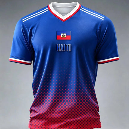 2026 New Haiti Blue Football Jersey Men's Crew Neck Sportswear with "HAITI" Text & Flag Print Casual & Training Tops Tees