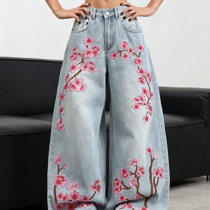 American high waisted wide leg jeans light blue washed pink floral embroidery with loose hanging edges