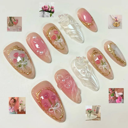 24pcs Almond False Nails Tips Summer Beach Colorful Nails Sets with Pearl Flower Design Press on Nails Art Wearable Fake Nail