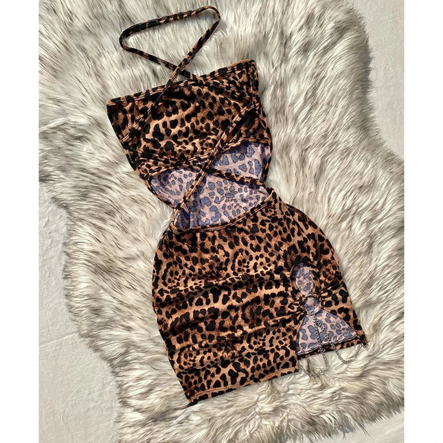 Elegant And Fashionable Women's Sexy Leopard Print Mini Dress Strapless Sleeveless Hollow Bag Hip Sexy - product image 2