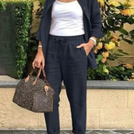 Spring Autumn New Cotton Linen Roll Up Sleeved Shirt Women's Suit Fashion Pocket Elastic Waist Female Office Pants 2 Piece Set