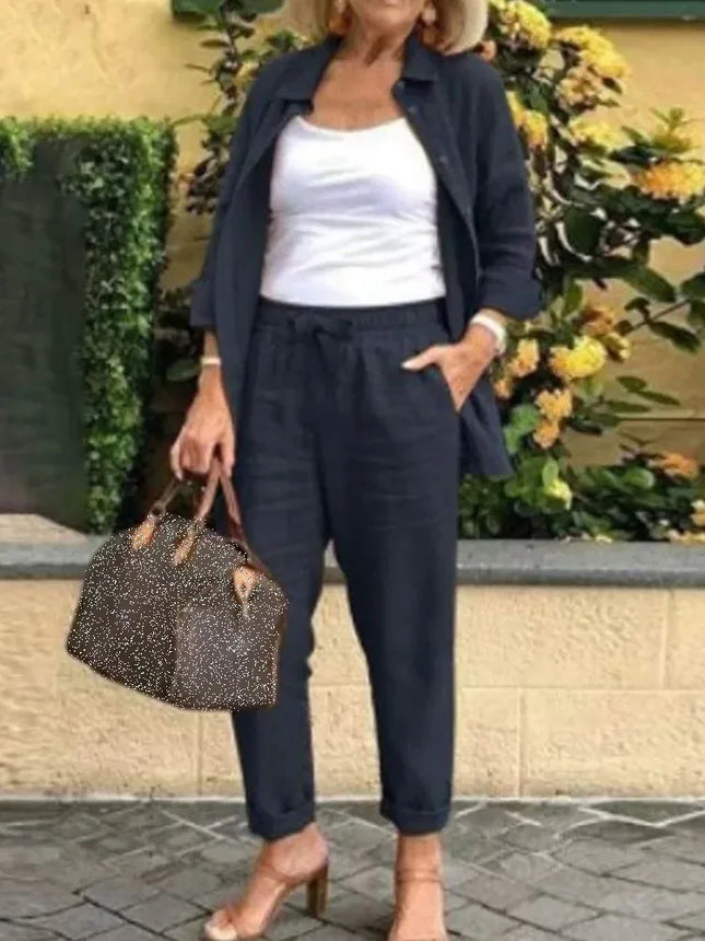 Frühling Herbst Neues Baumwoll-Leinen-Hemd mit Rollärmeln Damen Anzug Mode Tasche Elastische Taille Damen Bürohosen 2-teiliges Set