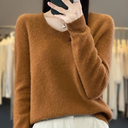 Fashion100% Merino Wool Sweater Cashmere  Pullover Women Knitwear V-Neck Long Sleeve  Autumn Winter Fashion Basic Clothing  Tops