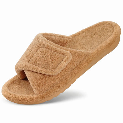 Comwarm Winter Women's Fur Fuzzy Slippers Adjustable Open Toe Furry Slide With Arch Support Four Seasons Cozy Fluffy House Shoes